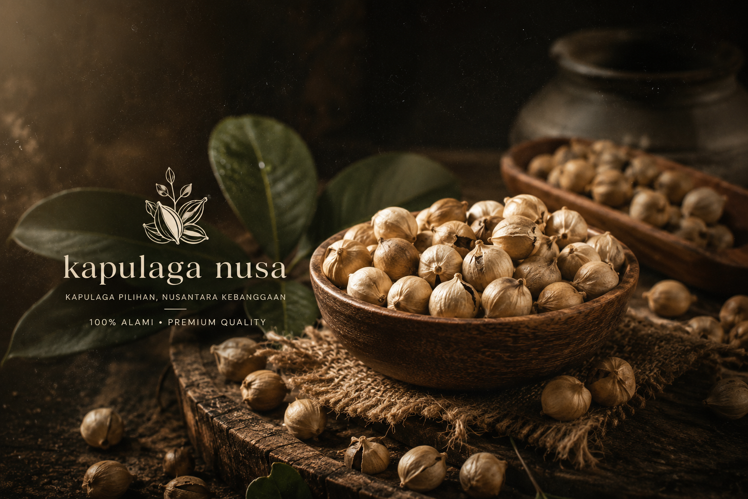 Whole Indonesian white cardamom in a wooden bowl