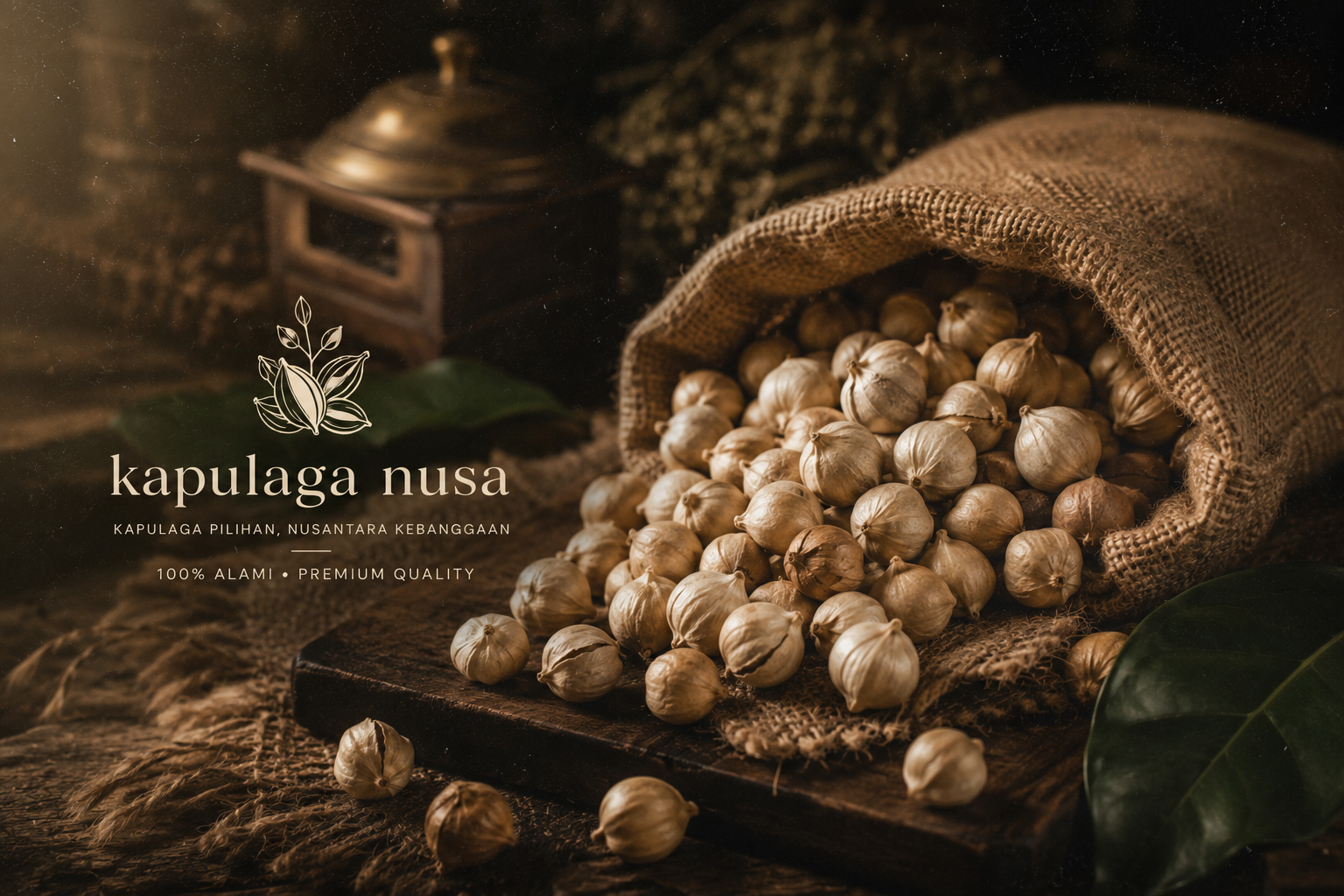 Indonesian white cardamom pods spilling from a natural jute sack